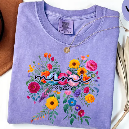 Comfort Colors® Mimi Bow Flower Est T-Shirt, Custom Grandma With Grandkids Shirt