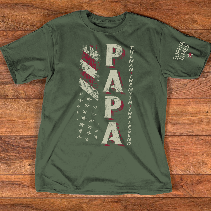 Personalized PAPA The Man, The Myth, The Legend T Shirt, Custom Family Names with American Flag Design, Perfect Gift for Father’s Day