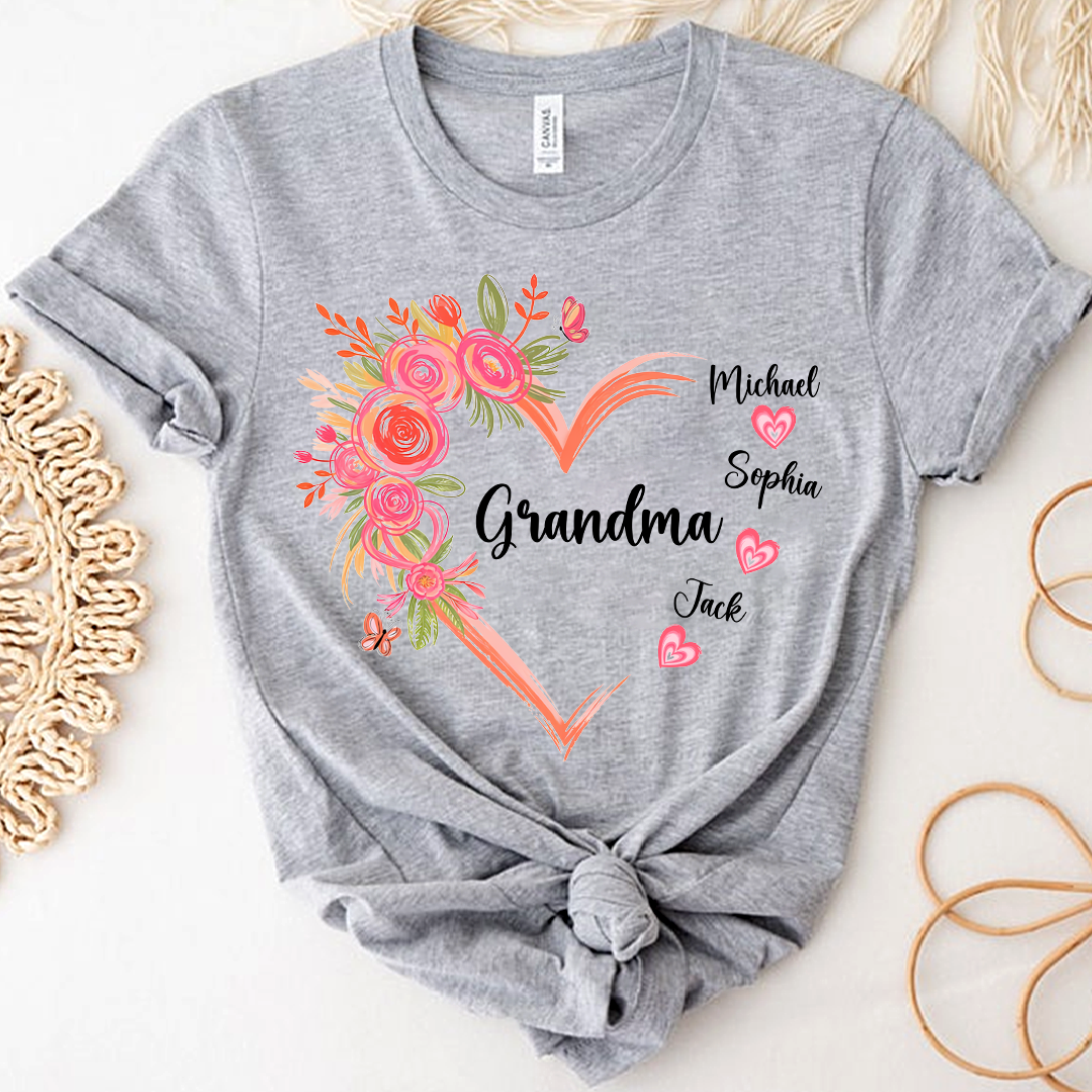 Personalized Grandma Floral Heart Shirt with Grandkids Names, Family Love T Shirt Gift