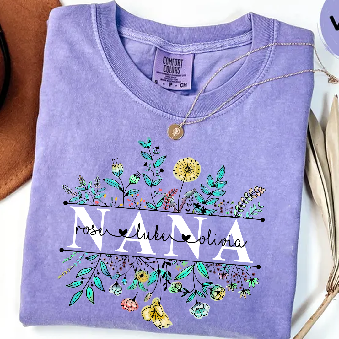 Comfort Colors® Wildflower Grandma Color T-Shirt, Custom Grandma With Grandkids Shirt
