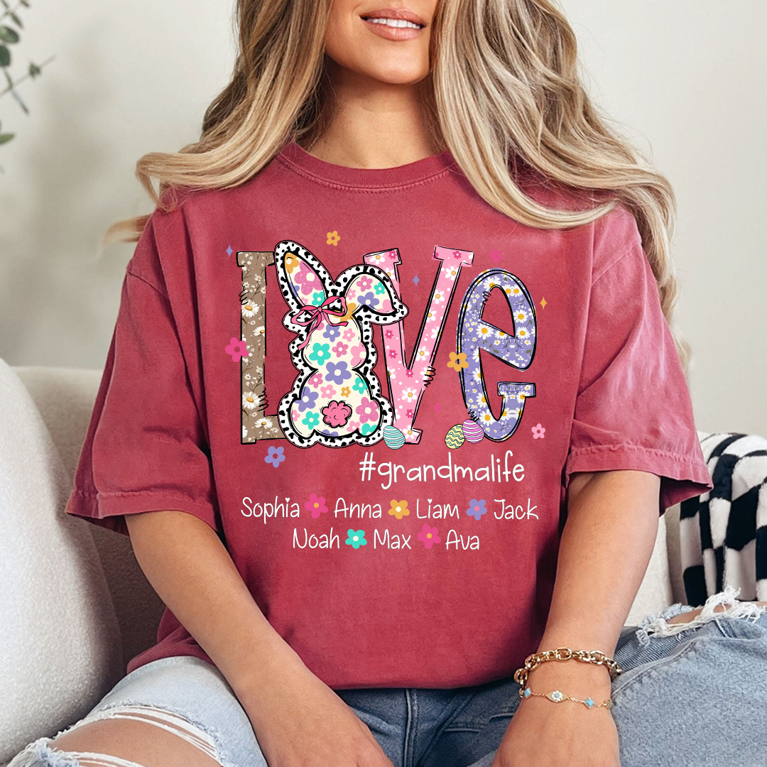 Personalized Love Grandma Liffe Easter T Shirt, Bunny And Egg Design With Names For Grandma And Kids