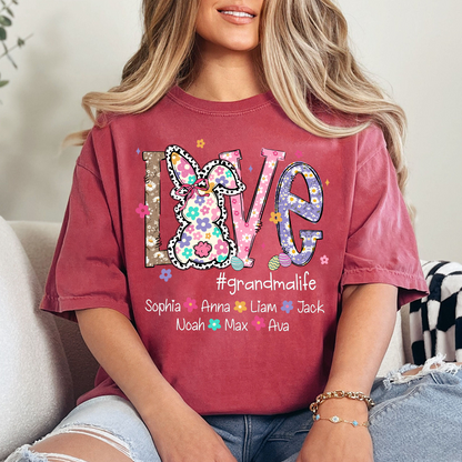 Personalized Love Grandma Liffe Easter T Shirt, Bunny And Egg Design With Names For Grandma And Kids