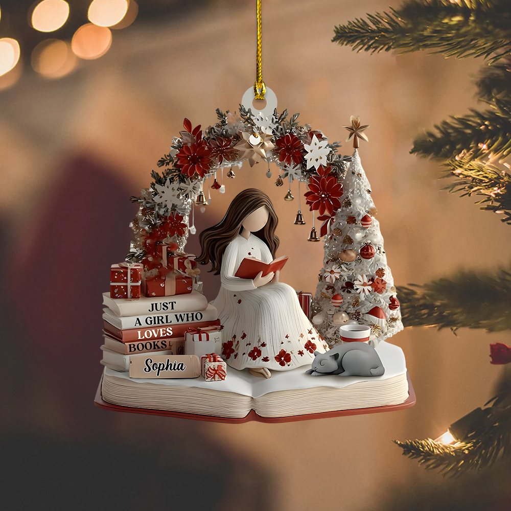 Personalized Book Lover Ornament – Custom Girl Reading Figure Christmas Decor for Readers Ornament