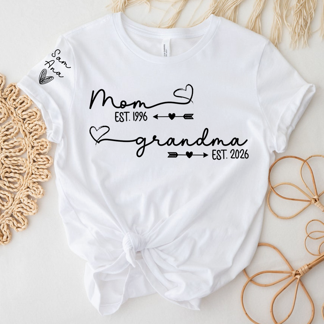 Personalized Mom and Grandma Shirt, Custom EST Year T-Shirt with Heart and Arrow Design for Mom and Grandma