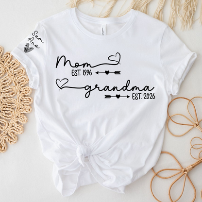 Personalized Mom and Grandma Shirt, Custom EST Year T-Shirt with Heart and Arrow Design for Mom and Grandma