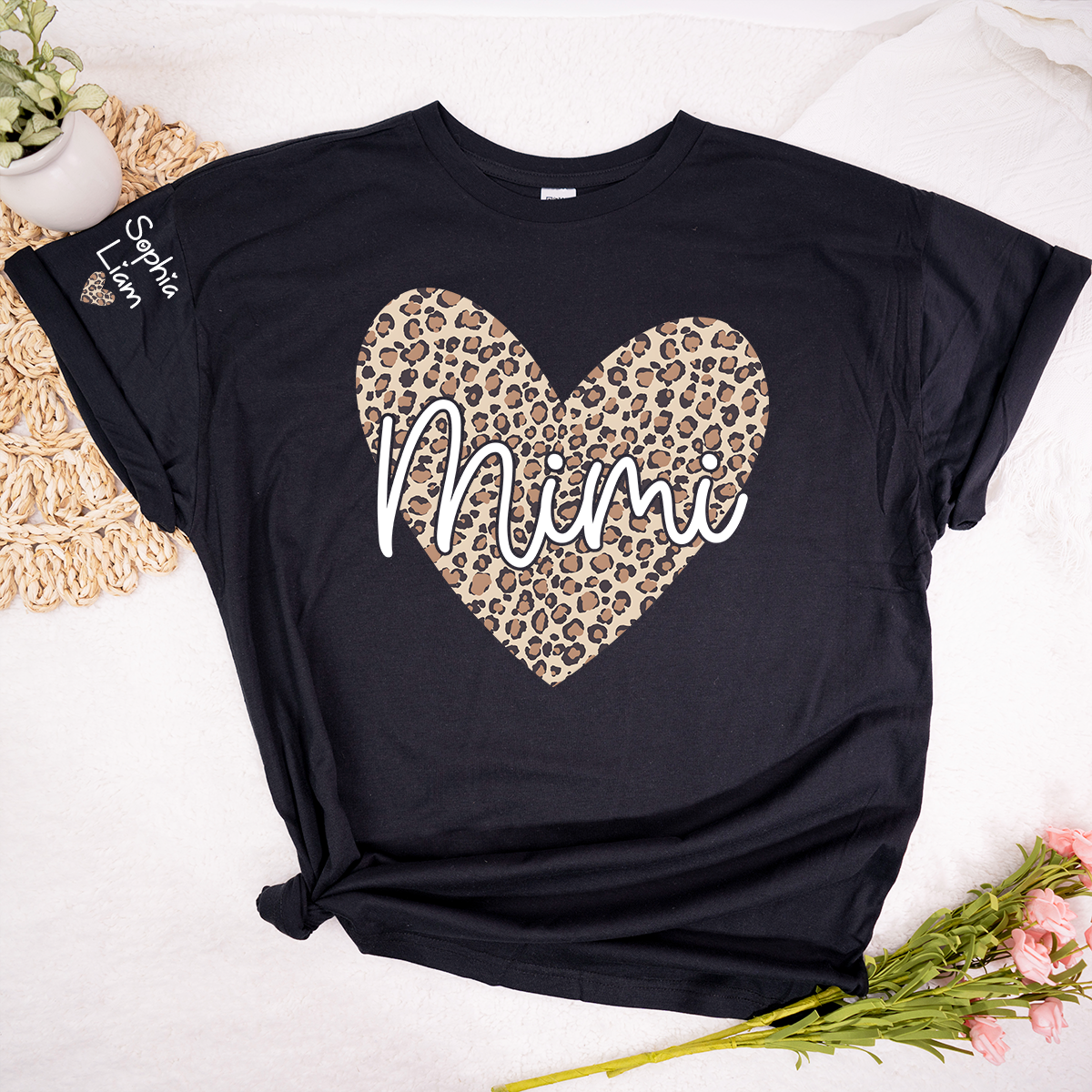 Mimi Leopard Heart Shirt for Women, Cute Mimi Grandma T-Shirt with Animal Print Heart Design