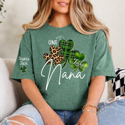 One Lucky Nana T-shirt For St. Patrick's Day, Personalized T-shirt For Grandma With Children's Names