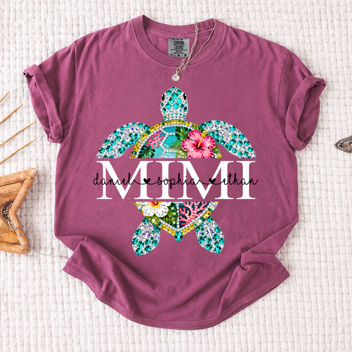 Comfort Colors Custom Mimi Turtle Monogram Shirt – Personalized Family Name Turtle Graphic Tee, Ocean Lover Gift for Women