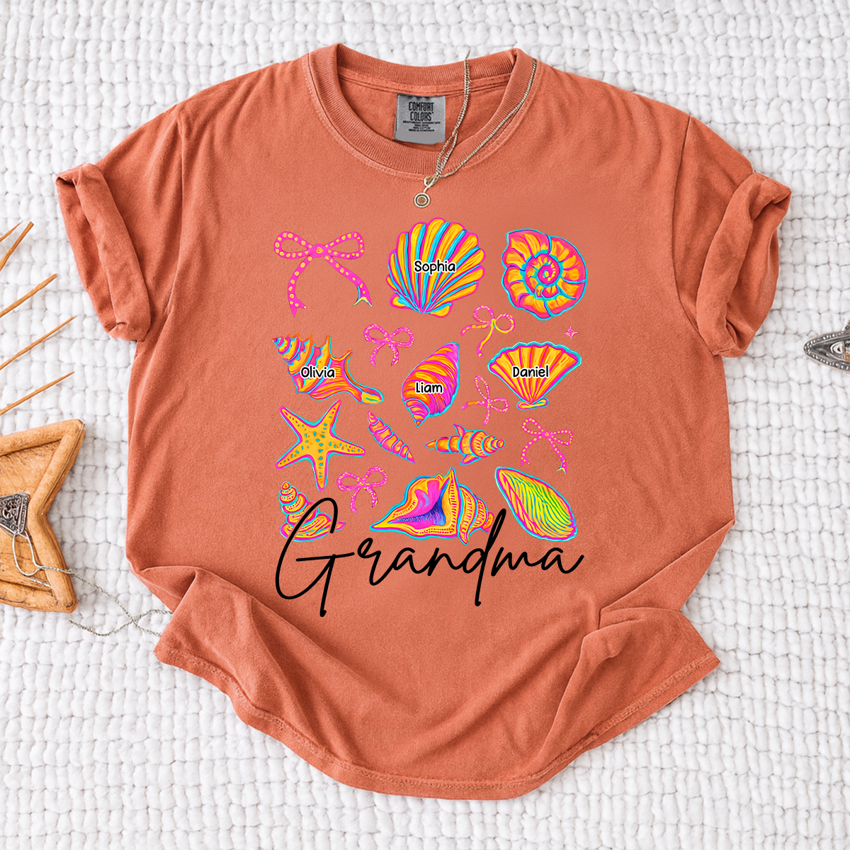 Comfort Colors Personalized Grandma Shirt with Grandkids Names, Custom Beach Seashell Grandma Tee, Coastal Summer Family Gift for Grandmother
