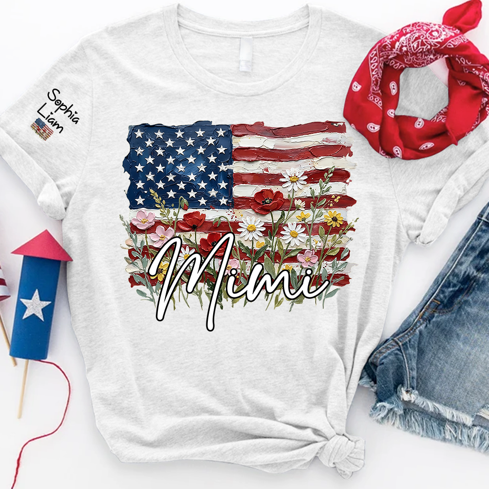 Personalized Mimi Shirt with American Flag Floral Design, Custom Grandma Name Tee, Family Gift Shirt