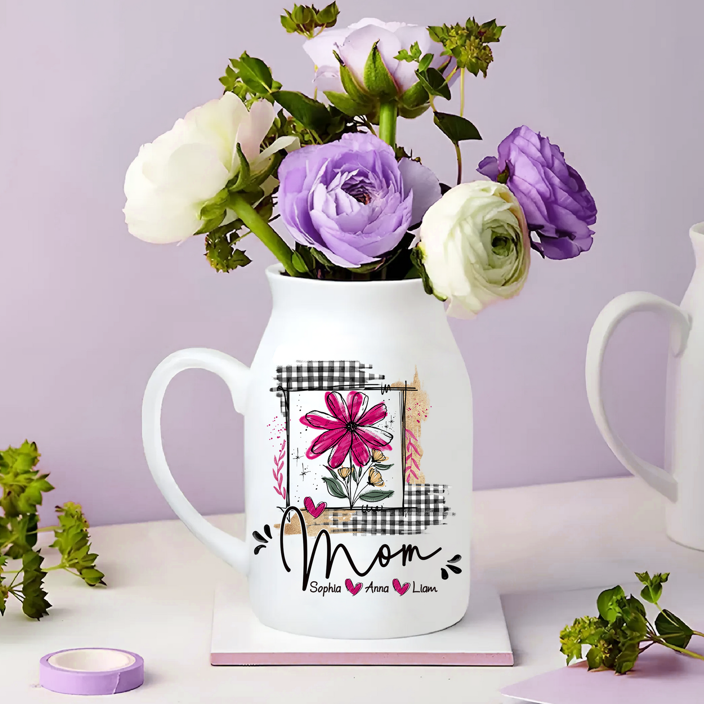 Artistic Checkered Wildflowers As A Gift For Grandma And Kids - Custom Home Decoration Flower Vase According To Family Requirements - Warm Gift For Mother's Day, Ceramic Flower Vase
