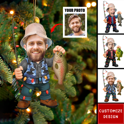 Personalized Fishing Ornament 2025 – Custom Face Photo Fisherman Ornament, Funny Christmas Gift for Fishermen & Outdoor Lovers