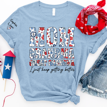 Mom Grandma Great Grandma Shirt, Patriotic Floral Tee with Custom Names, Gift for Mom Grandma Great Grandma Family Shirt