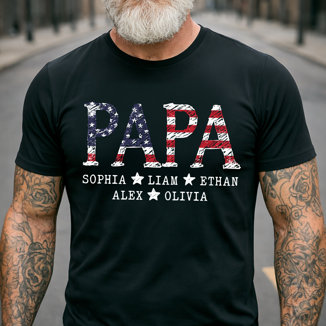 Personalized Papa 4th July Independence Day American Flag T-Shirt, Patriotic gift for grandpa And Kids