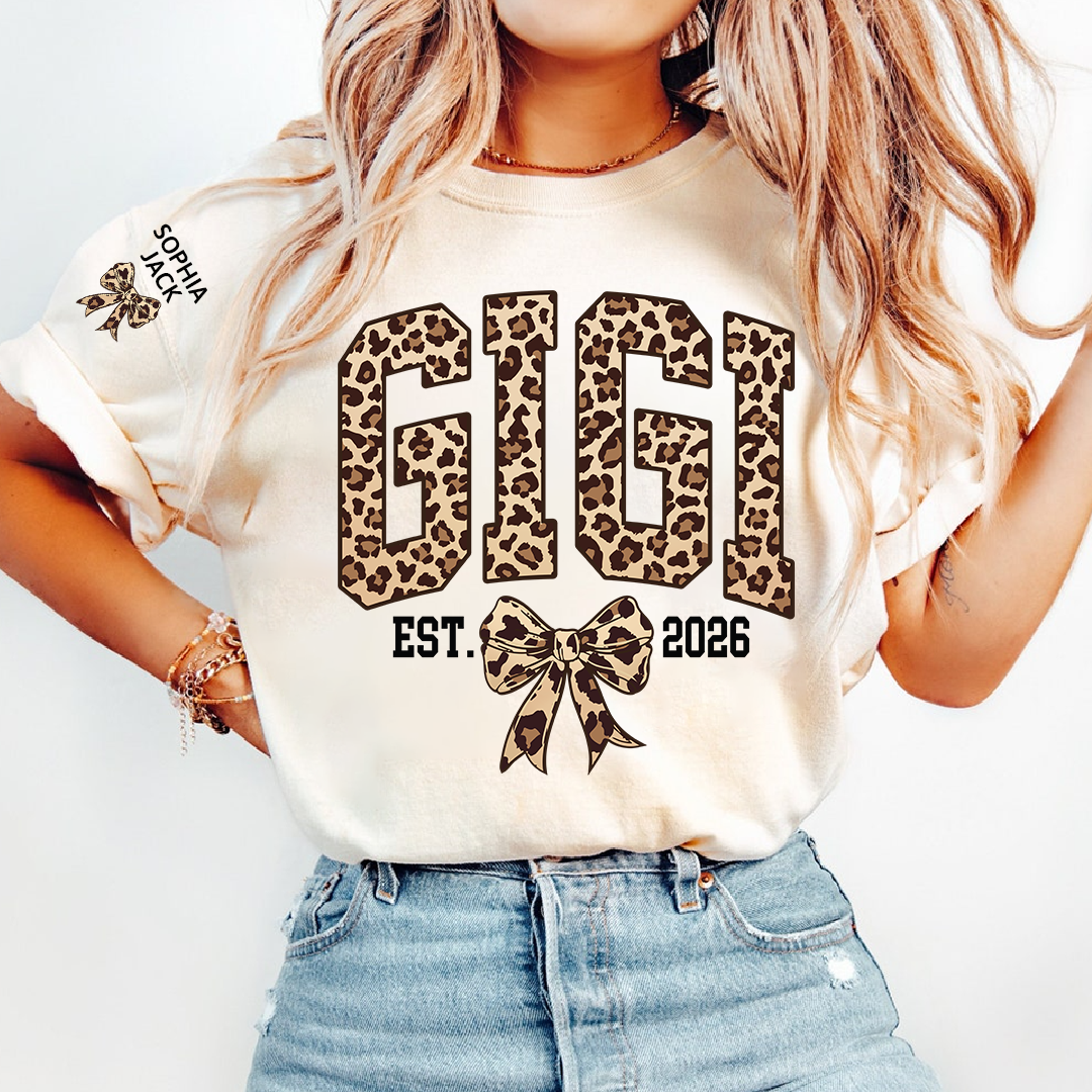 Custom Leopard Gigi, Personalized Heart T-shirt For Grandma And Kids