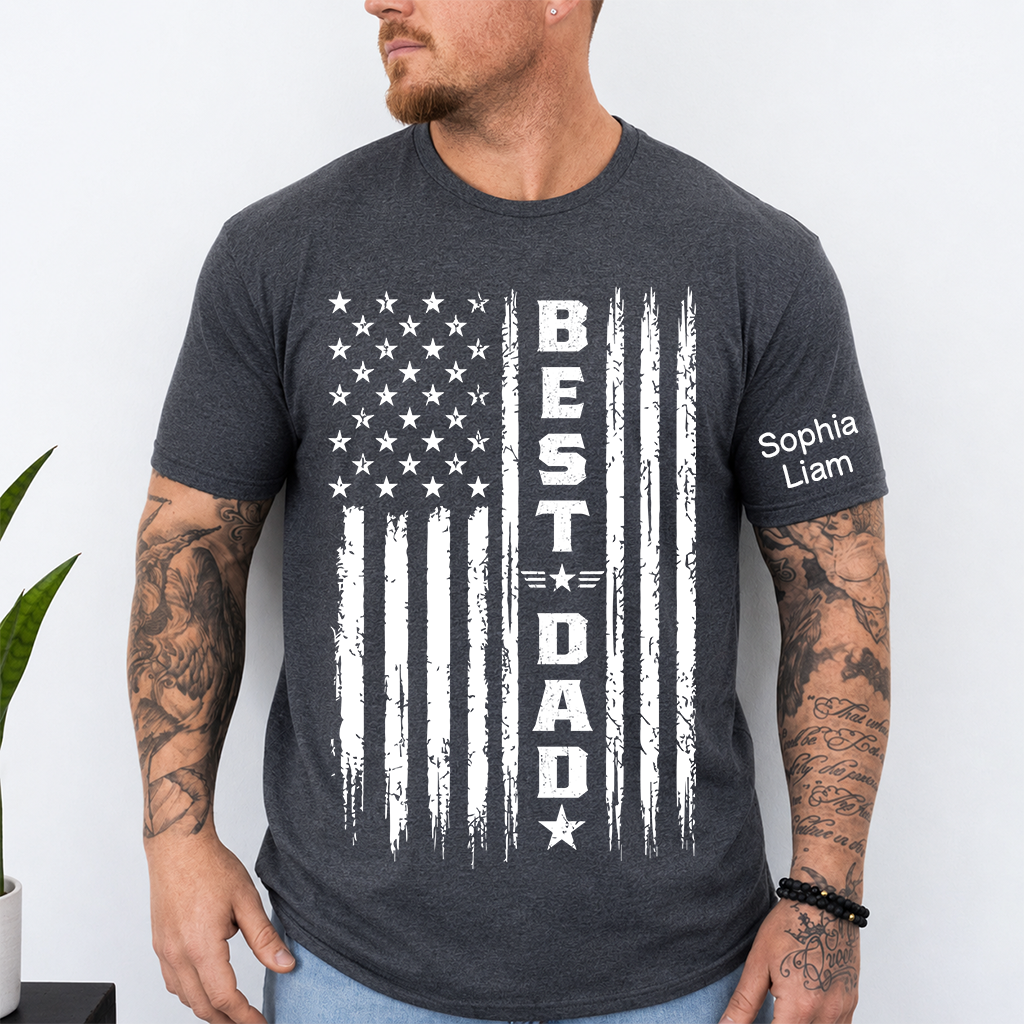 Best Dad Patriotic T-Shirt – Custom Kids Names American Flag Design Gift for Daddy Papa Fathers Day Birthday