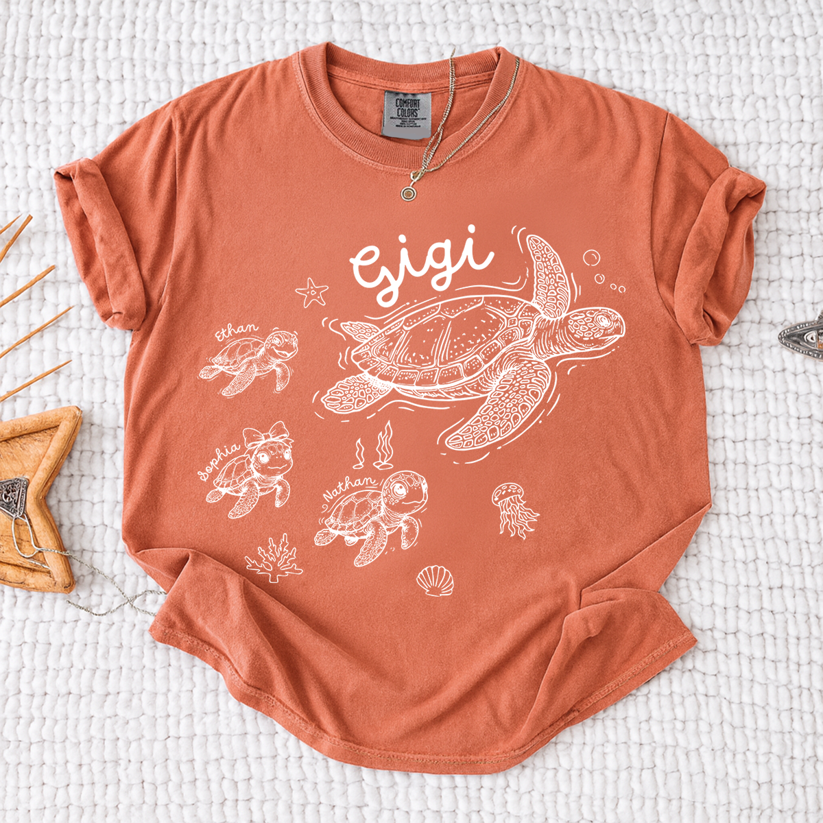 Comfort Colors® Custom Gigi Shirt Featuring Turtle Mom and Baby Names, Unique Grandma Gift Shirt for Women