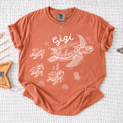 Comfort Colors® Custom Gigi Shirt Featuring Turtle Mom and Baby Names, Unique Grandma Gift Shirt for Women