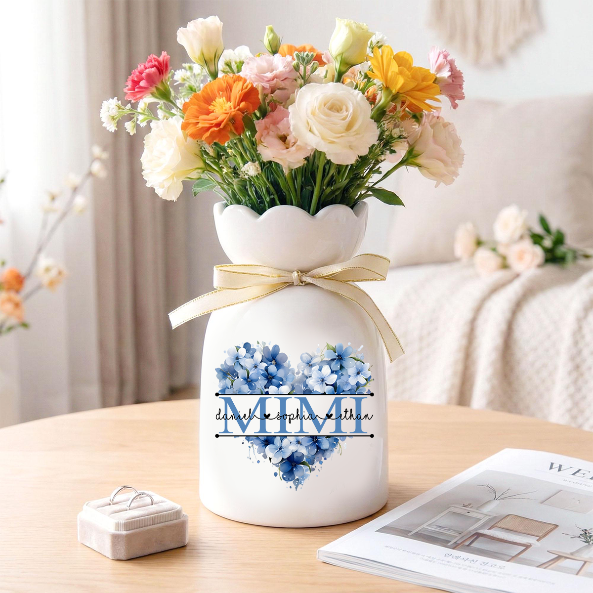 Personalized Flower Vase for Mimi, Custom Floral Heart Design with Kids' Names, Great Gift for Mimi, Mother's Day, Birthday