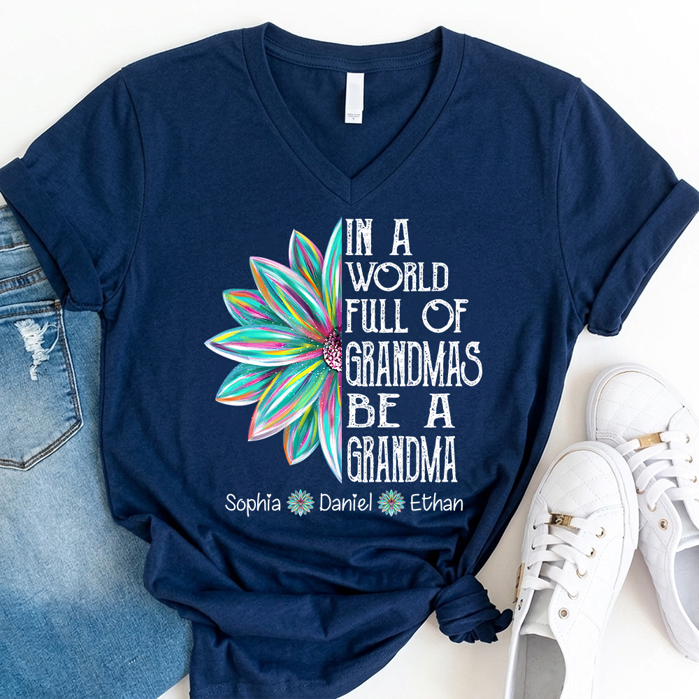 In A World Full Of Grandmas Be A Mimi Shirt, Personalized Mimi T Shirt with Grandkids Names V-Neck