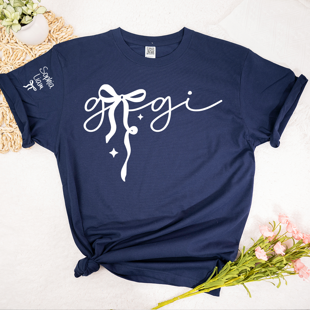 Gigi Script Bow T Shirt, Modern Minimal Grandma Shirt, Personalized Name on Sleeve, Soft Casual Gift for Gigi Grandma