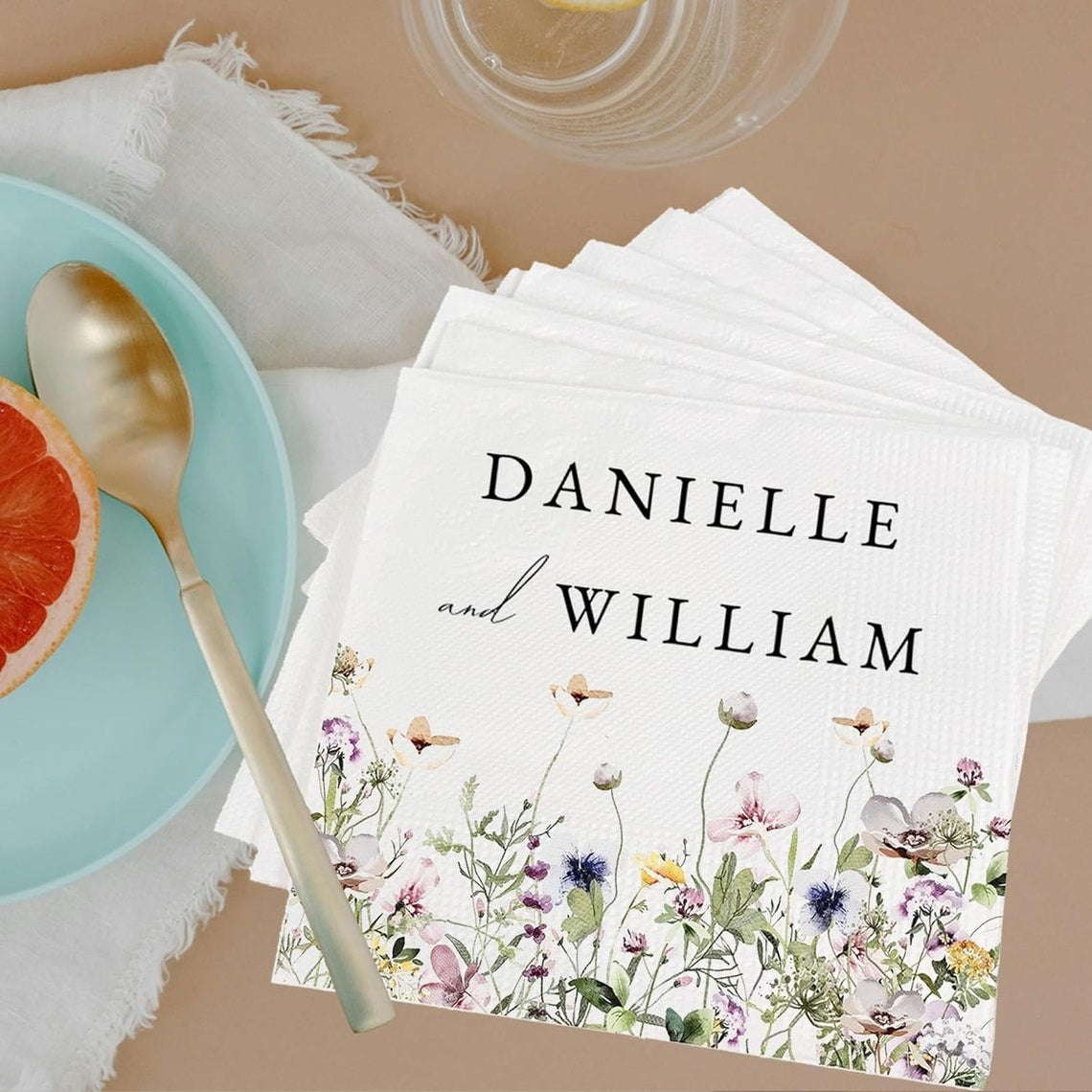 Personalized Wedding Napkins | Custom Wedding Napkins | Flower Border Cocktail Napkin | Save The Date Dinner Bridal Shower Engagement Party