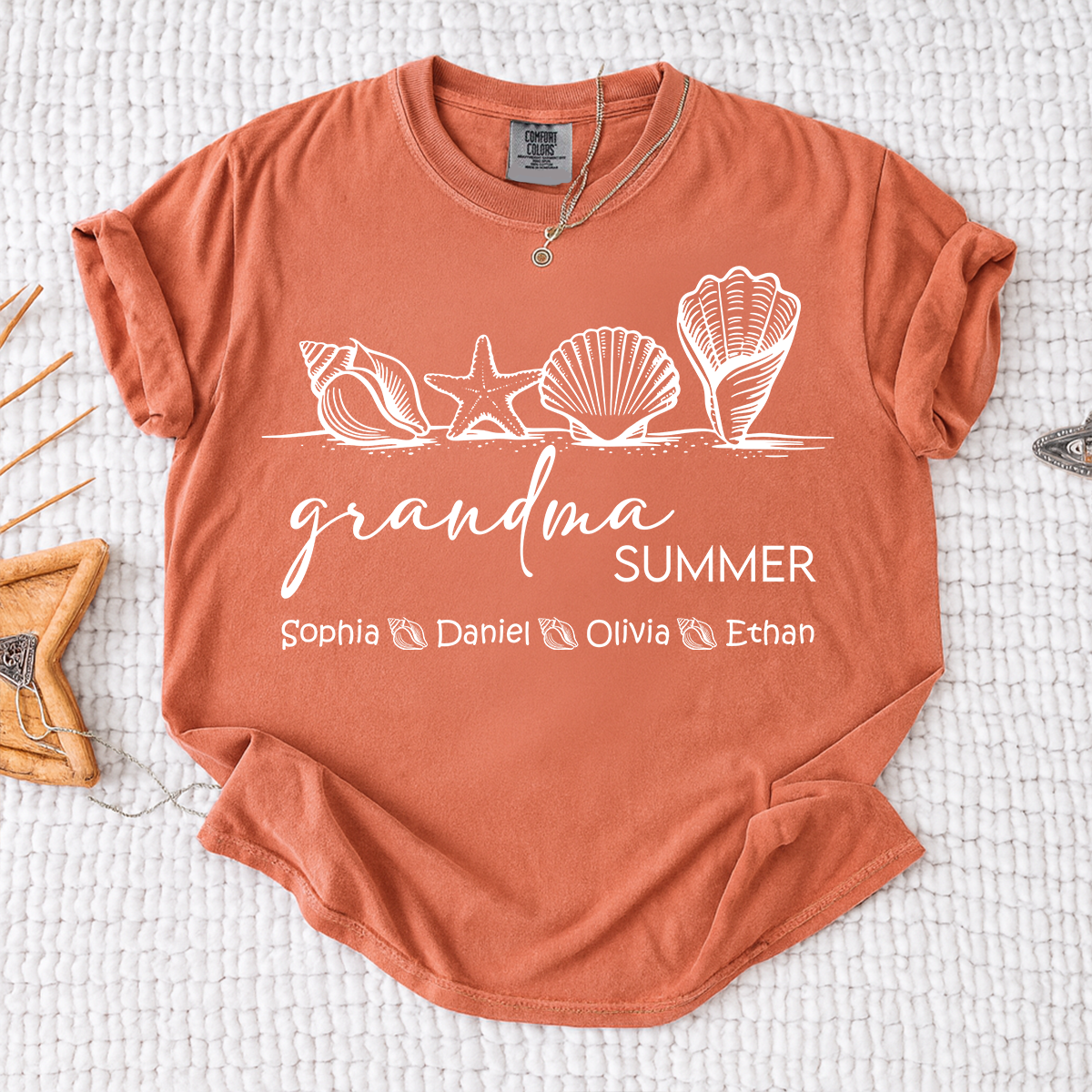 Comfort Colors Grandma Summer Vacation Shirt, Personalized Seashell T-Shirt with Kids Names, Beach Lover Grandma Family Trip Gift