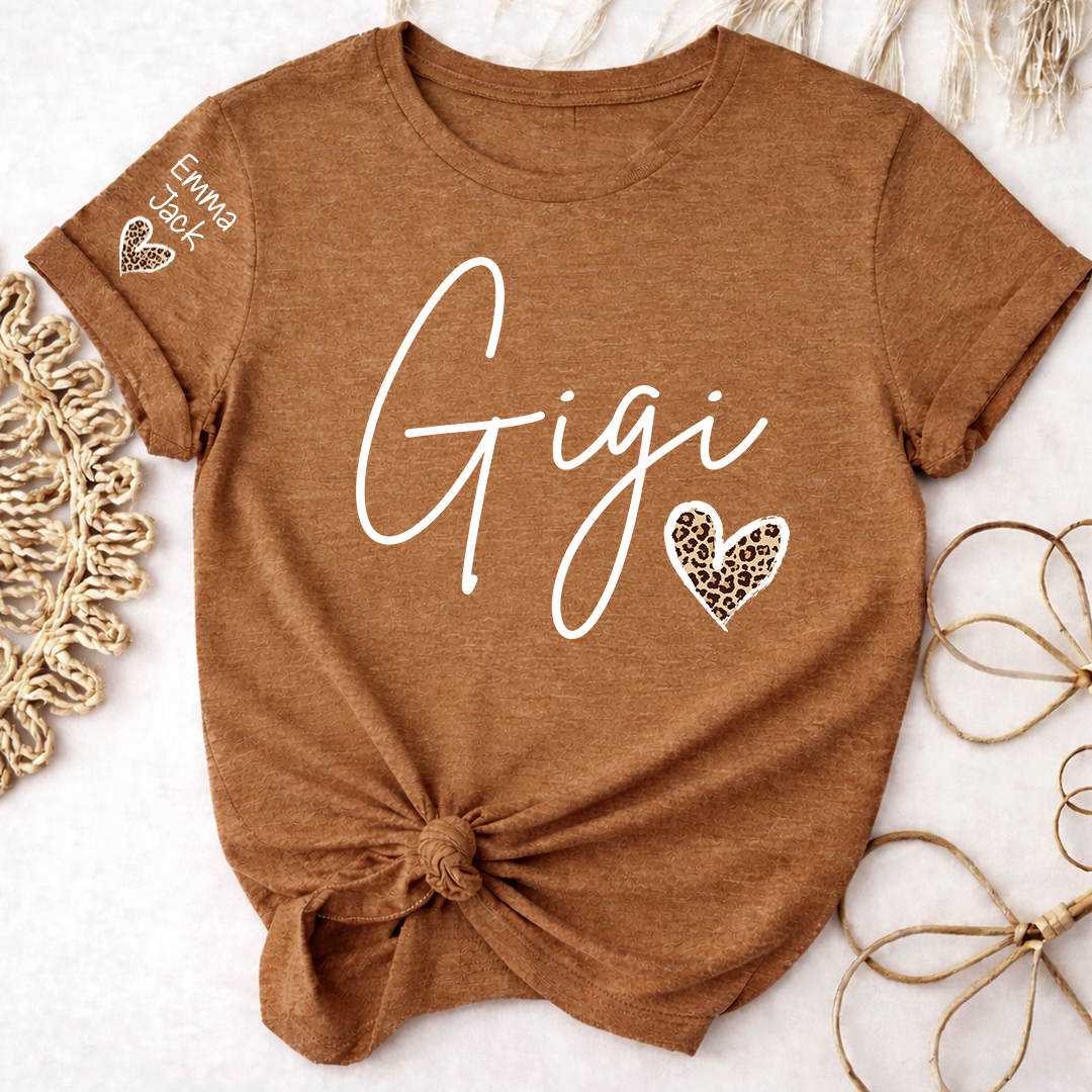 Gigi Shirt for Grandma, Personalized Custom Name Tee with Leopard Print Heart Design