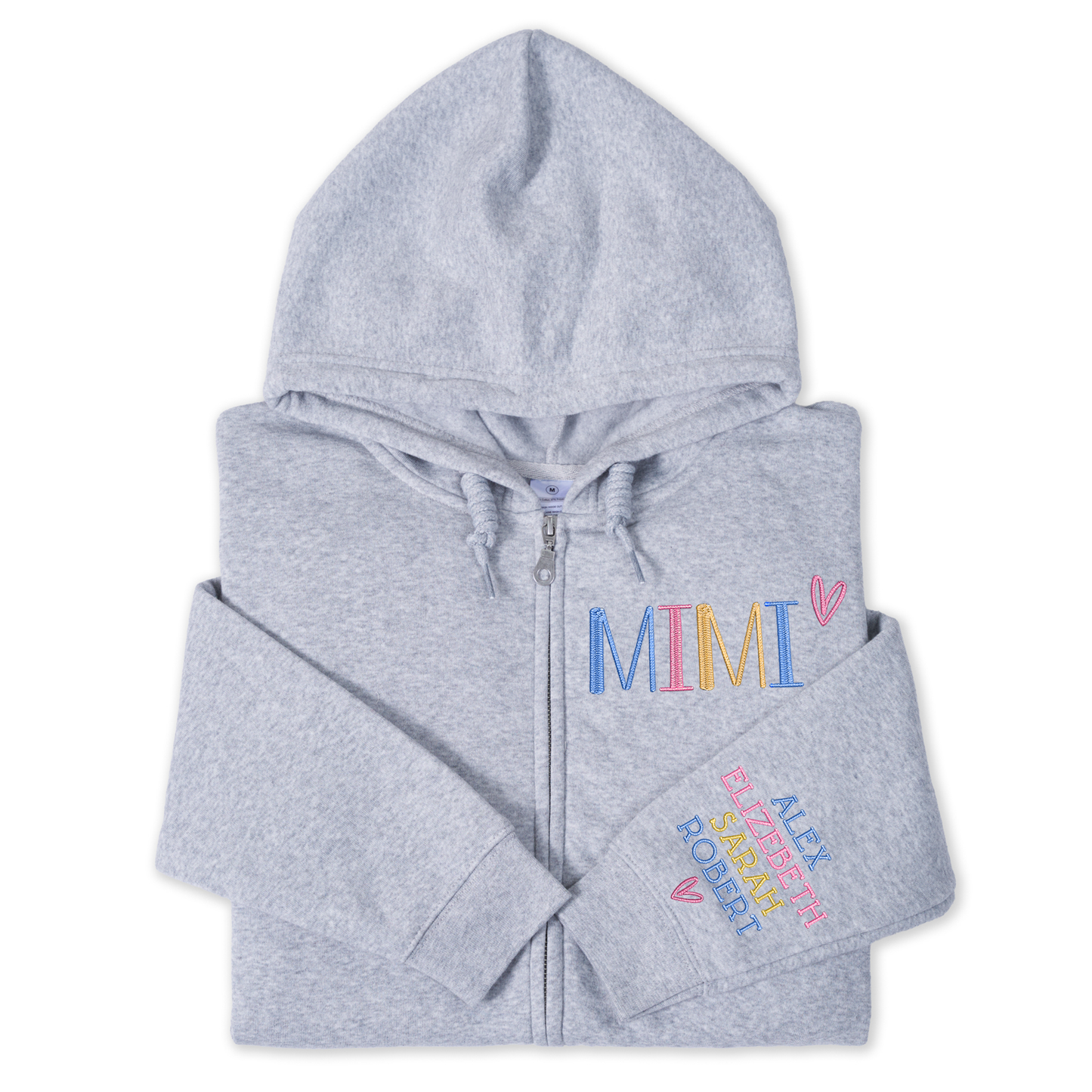 Personalized Embroidered Zip Hoodie for Grandma Mimi, Custom Name & Kids Names Sleeve Stitching, Cozy Full Zip Hooded Sweatshirt Gift for Family