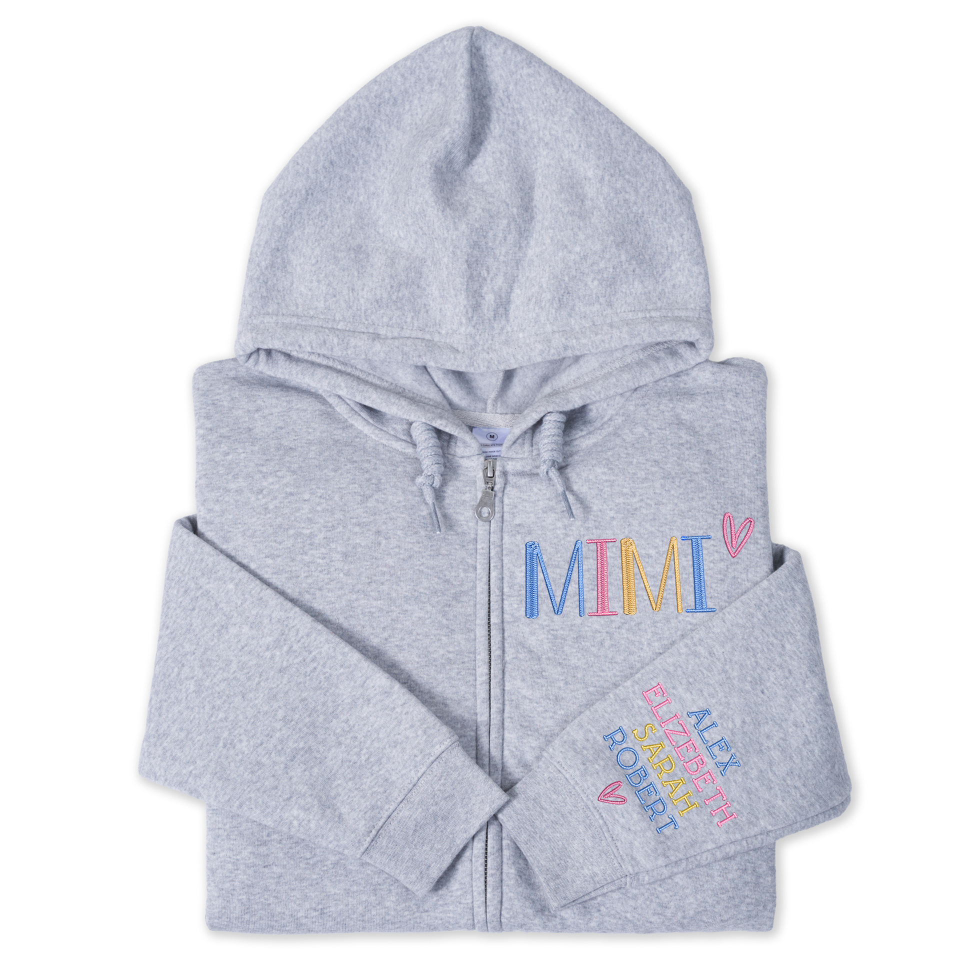 Personalized Embroidered Zip Hoodie for Grandma Mimi, Custom Name & Kids Names Sleeve Stitching, Cozy Full Zip Hooded Sweatshirt Gift for Family