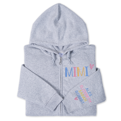 Personalized Embroidered Zip Hoodie for Grandma Mimi, Custom Name & Kids Names Sleeve Stitching, Cozy Full Zip Hooded Sweatshirt Gift for Family