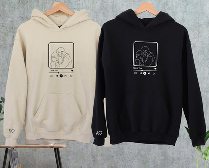 Custom Couple Portrait Hoodie, Portrait Outline from Photo Hoodie, Names on Sleeve Hoodie, Personalized Couple Gifts, Valentine Day Gifts Sweatshirt Hoodie