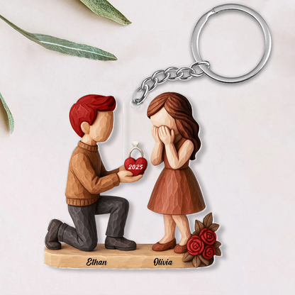 Personalized Couple Engagement Keychain With Names And Date, Romantic Proposal Gift Ornament