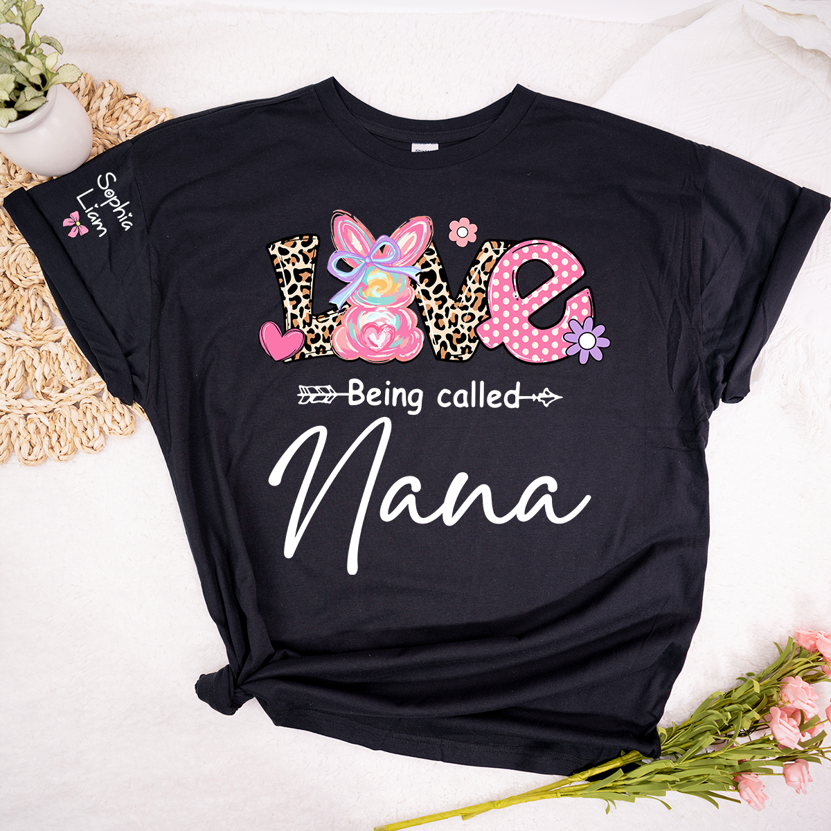 Love Being Called Nana Shirt, Cute Bunny Nana Graphic T Shirt With Leopard Print