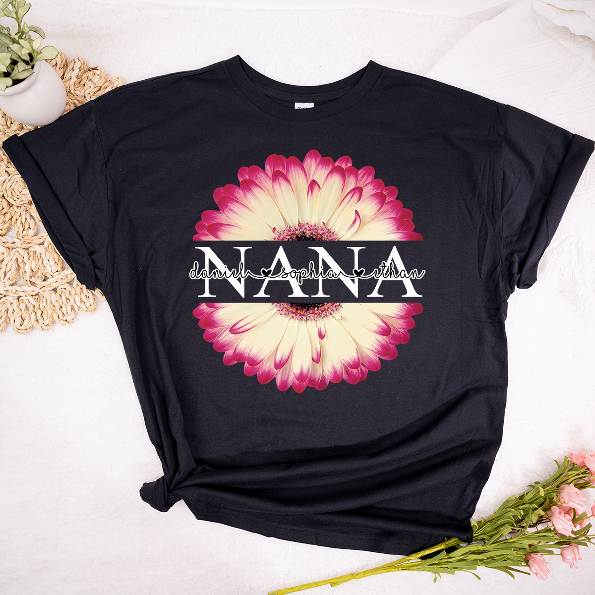 Personalized Nana T-Shirt with Pink Flower Graphic – Custom Grandma Gift Featuring Grandkids Names