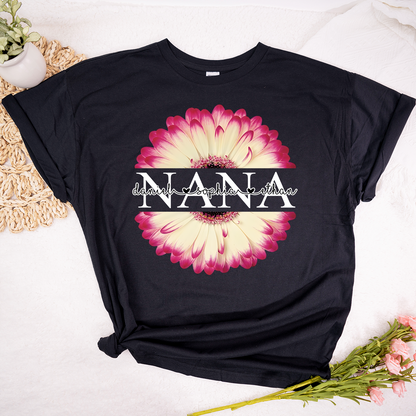 Personalized Nana T-Shirt with Pink Flower Graphic – Custom Grandma Gift Featuring Grandkids Names