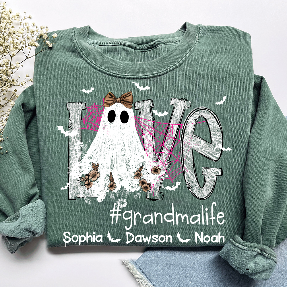 Personalized Mimi Life Halloween Sweatshirt, Custom Love Ghost Shirt with Kids Names