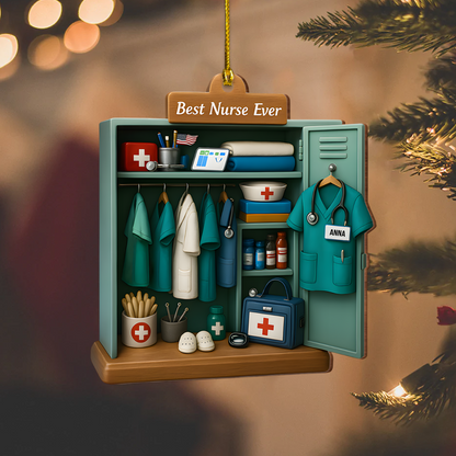 Personalized Nurse Ornament – Custom Name Scrubs Locker Christmas Decoration, Cute Holiday Gift for Nurses and Healthcare Workers Ornament