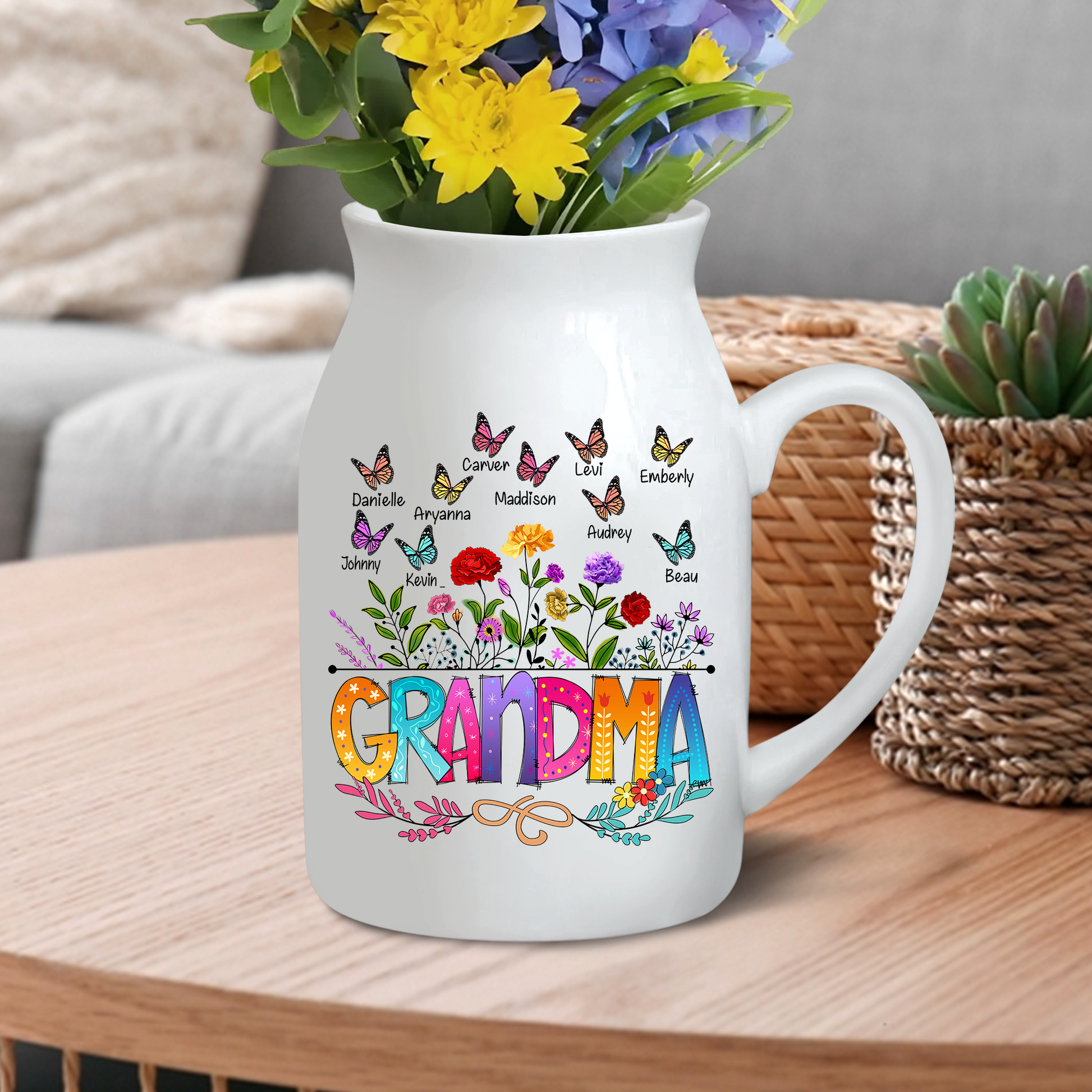 Grandma And Kids - Custom Home Decoration Flower Vase According To Family Requirements - Warm Gift For Mother's Day, Ceramic Flower Vase