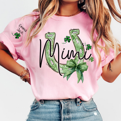Mimi St Patrick’s Day Shirt, Lucky Horseshoe Shamrock Family T Shirt, With Grandma And Kids Names