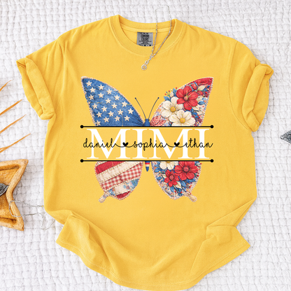 Comfort Personalized Mimi Shirt with Grandkids Names, American Flag and Flower Butterfly Design
