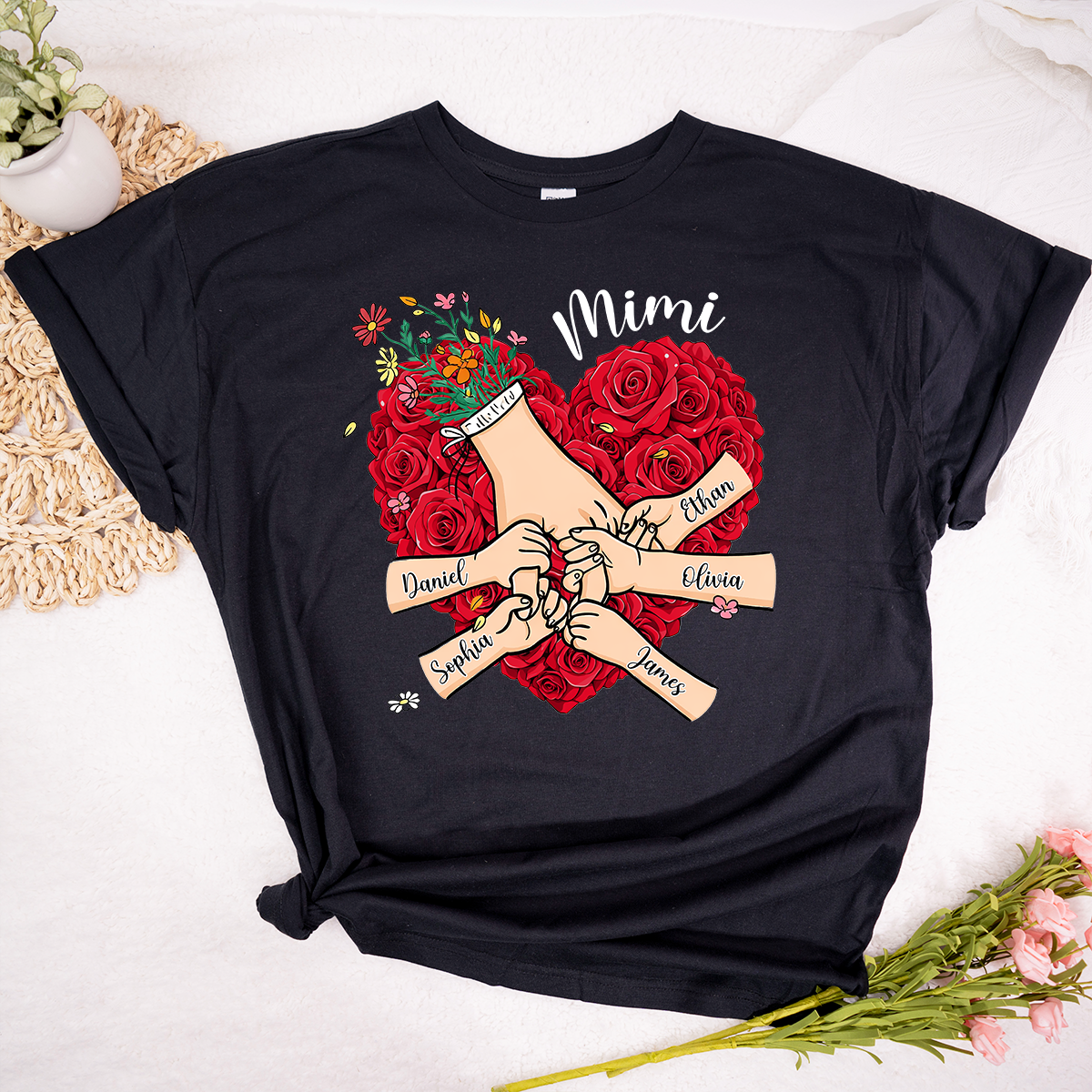 Mimi Heart Shirt, Custom Floral Handprint Family Shirt, Personalized Grandkids Names Tee, Special Gift for Mimi
