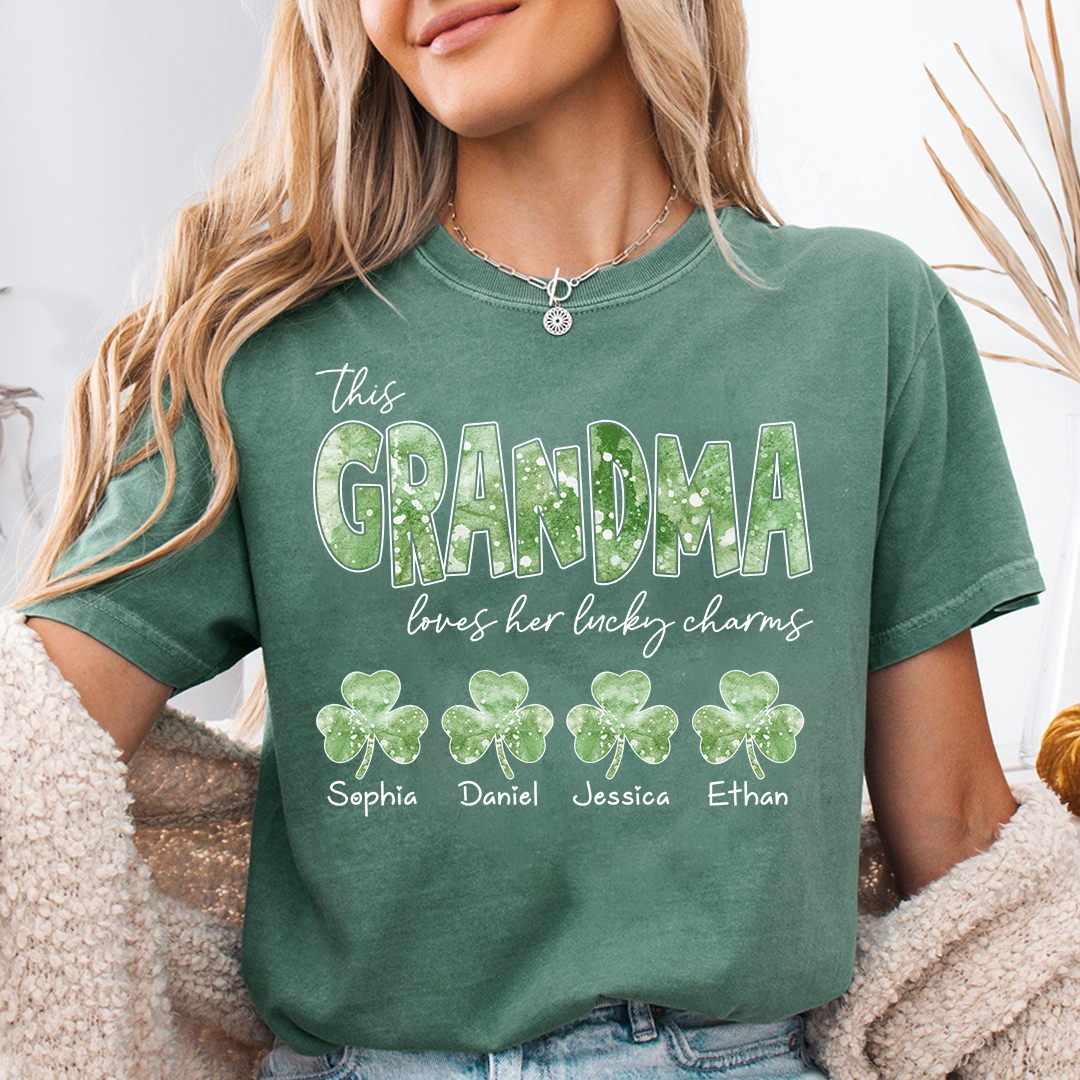 This Nana Loves Her Lucky Charms Grandma Shirt, Custom Name Shamrock T Shirt, St Patrick’s Day Nana Gift from Grandkids