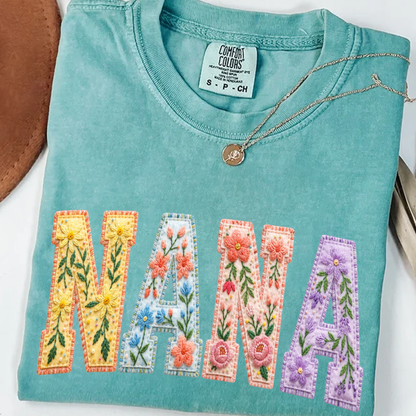 Personalized Nana Shirt Floral Embroidery Design Custom Grandma Mimi Gigi Name Tee with Grandkids Names Vibrant Flower Pattern Family Gift for Women