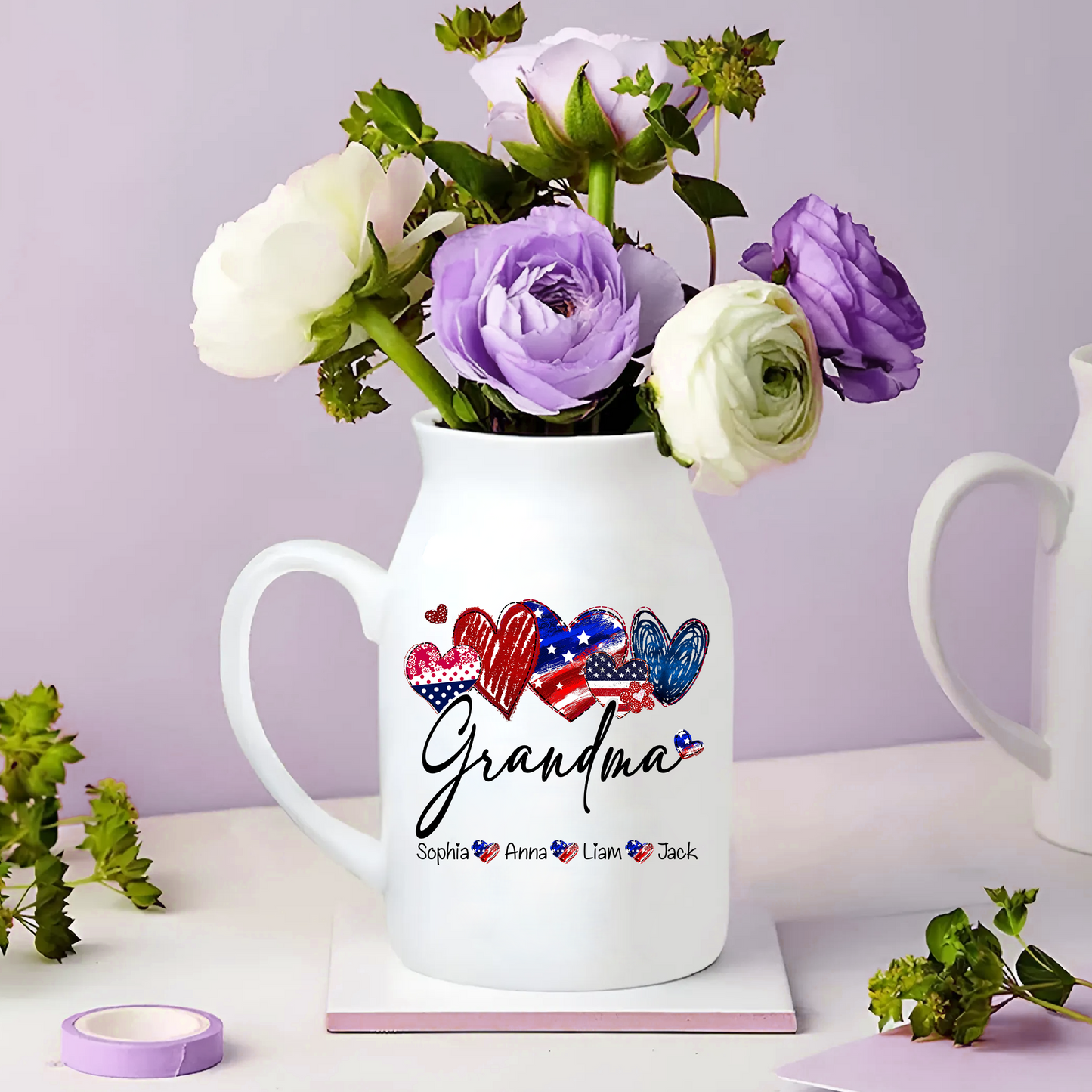 Heart Flag Grandma And Kids - Custom Home Decoration Flower Vase According To Family Requirements - Warm Gift For Mother's Day, Ceramic Flower Vase