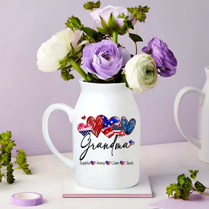 Heart Flag Grandma And Kids - Custom Home Decoration Flower Vase According To Family Requirements - Warm Gift For Mother's Day, Ceramic Flower Vase