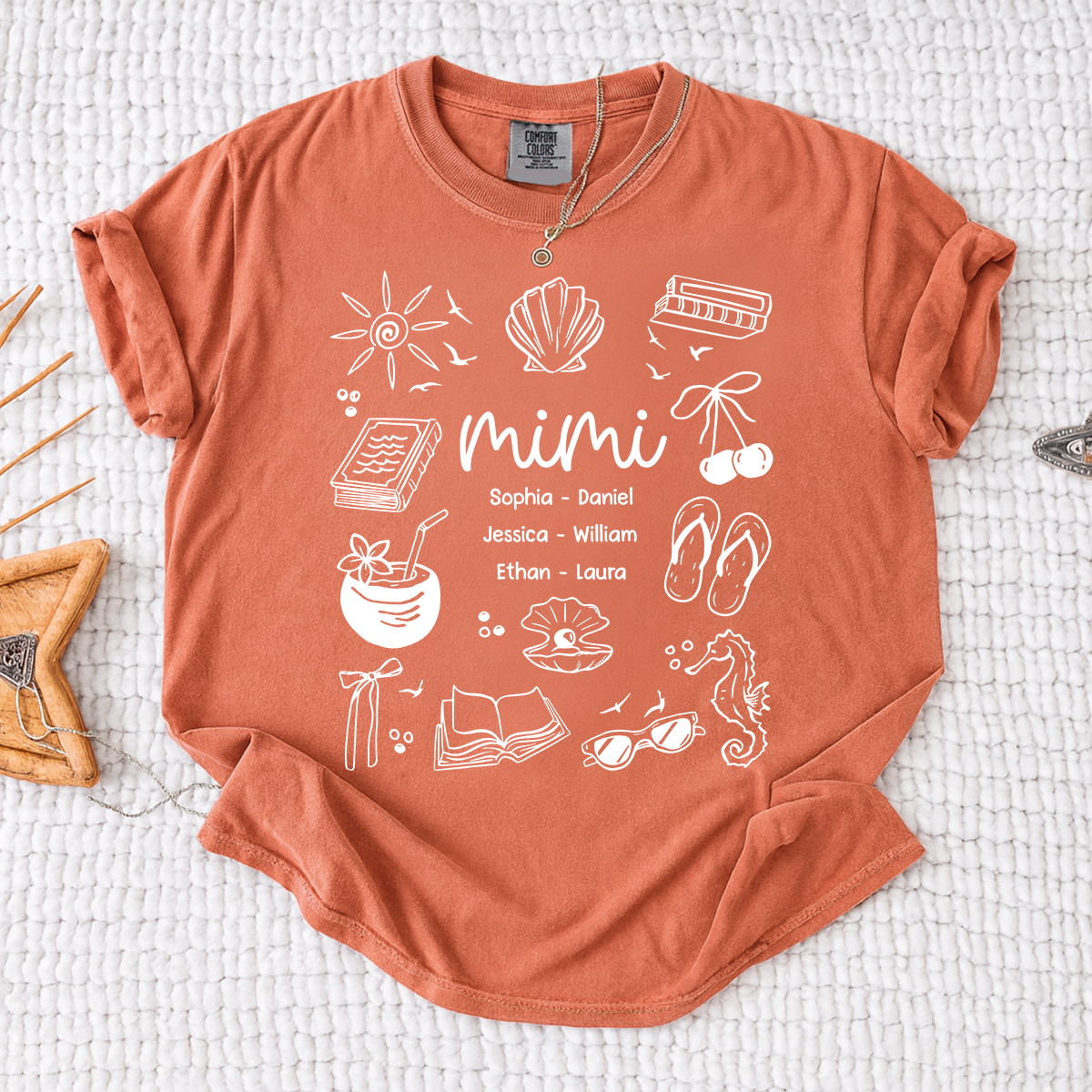 Comfort Colors Personalized Mimi Shirt with Grandkids Names, Custom Coastal Summer Tee, Beach Inspired Family Gift for Grandma and Mimi
