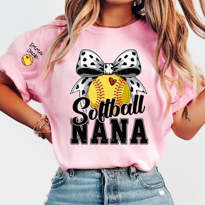 Proud Softball Nana T Shirt, Personalized Kids Names Sports Shirt with Bow Graphic