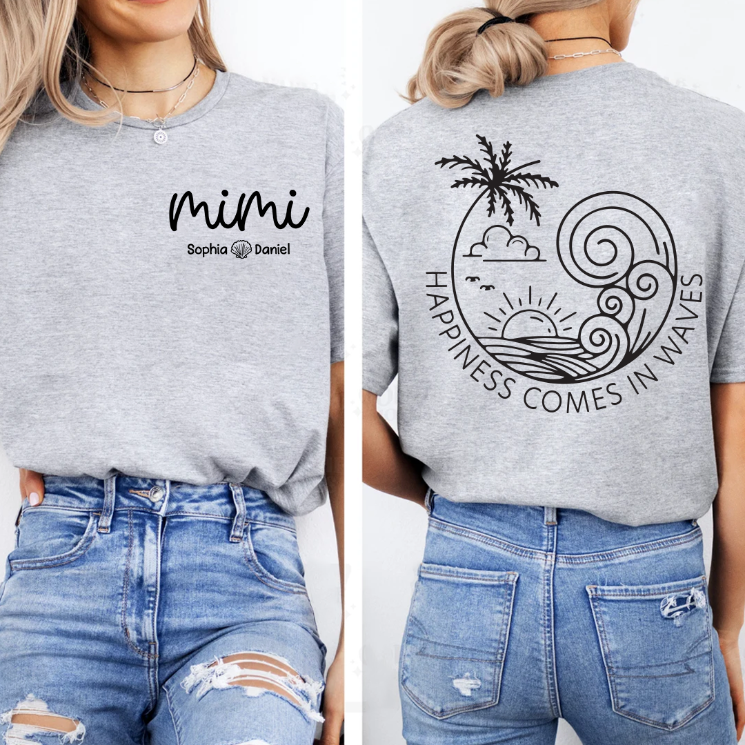 Custom Mimi Shirt with Kids Names, Happiness Comes in Waves Beach Tee, Personalized Grandma Summer Vacation Apparel