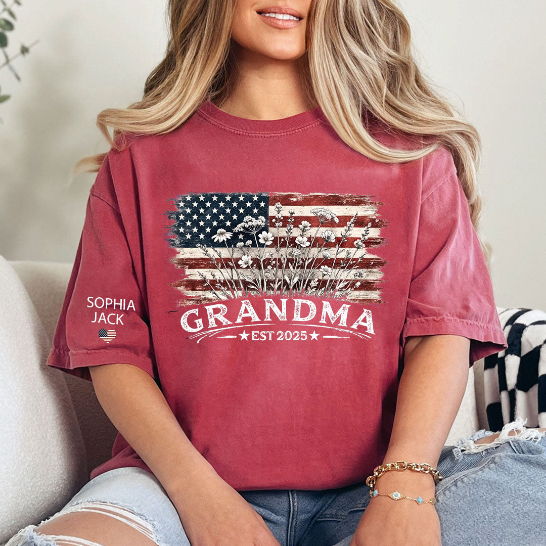 Personalized Grandma Est 2025 Shirt, Custom Nana Mimi Gigi Grandma Tee With Kids Names On Sleeve, Patriotic Floral American Flag Shirt Family Grandkids Gift U.S. 250th Anniversary Apparel